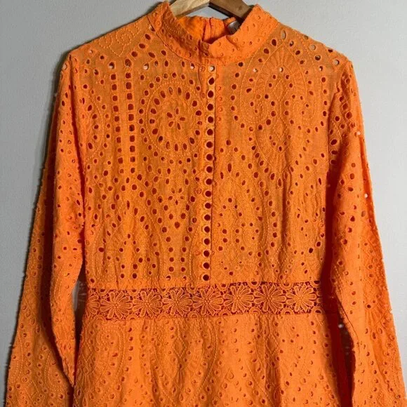 Lioness Eyelet Cutout High Neck Mini Dress Women's XL Orange Lace Party Cocktail - Picture 7 of 16